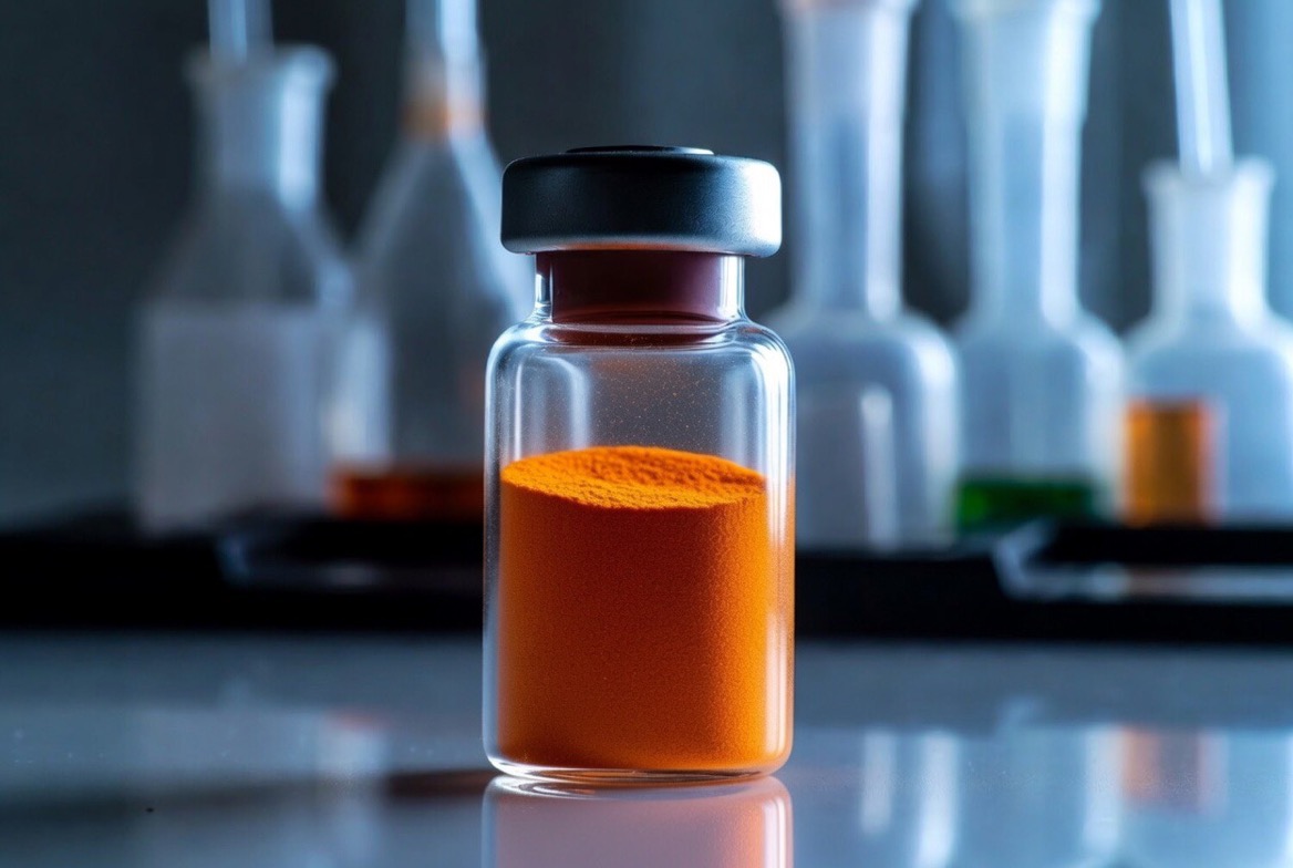 An unlabeled research-chemical glass vial of bright orange-amber powder on a laboratory bench among glass flasks, signaling an unregulated lab compound rather than an approved medicine