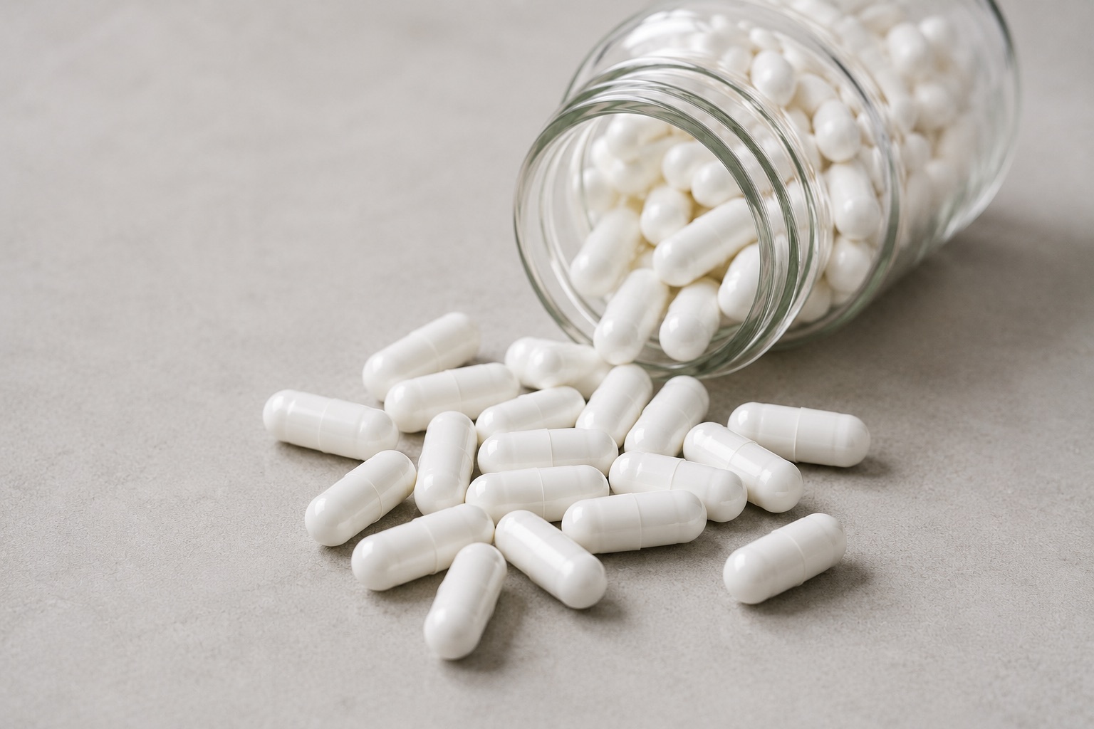 5-HTP supplement capsules spilling from an amber bottle on a neutral surface in natural light
