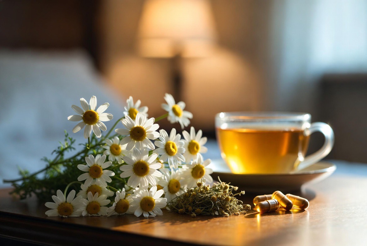 Fresh chamomile flowers beside amber supplement capsules on a calm, natural wooden surface in soft evening light