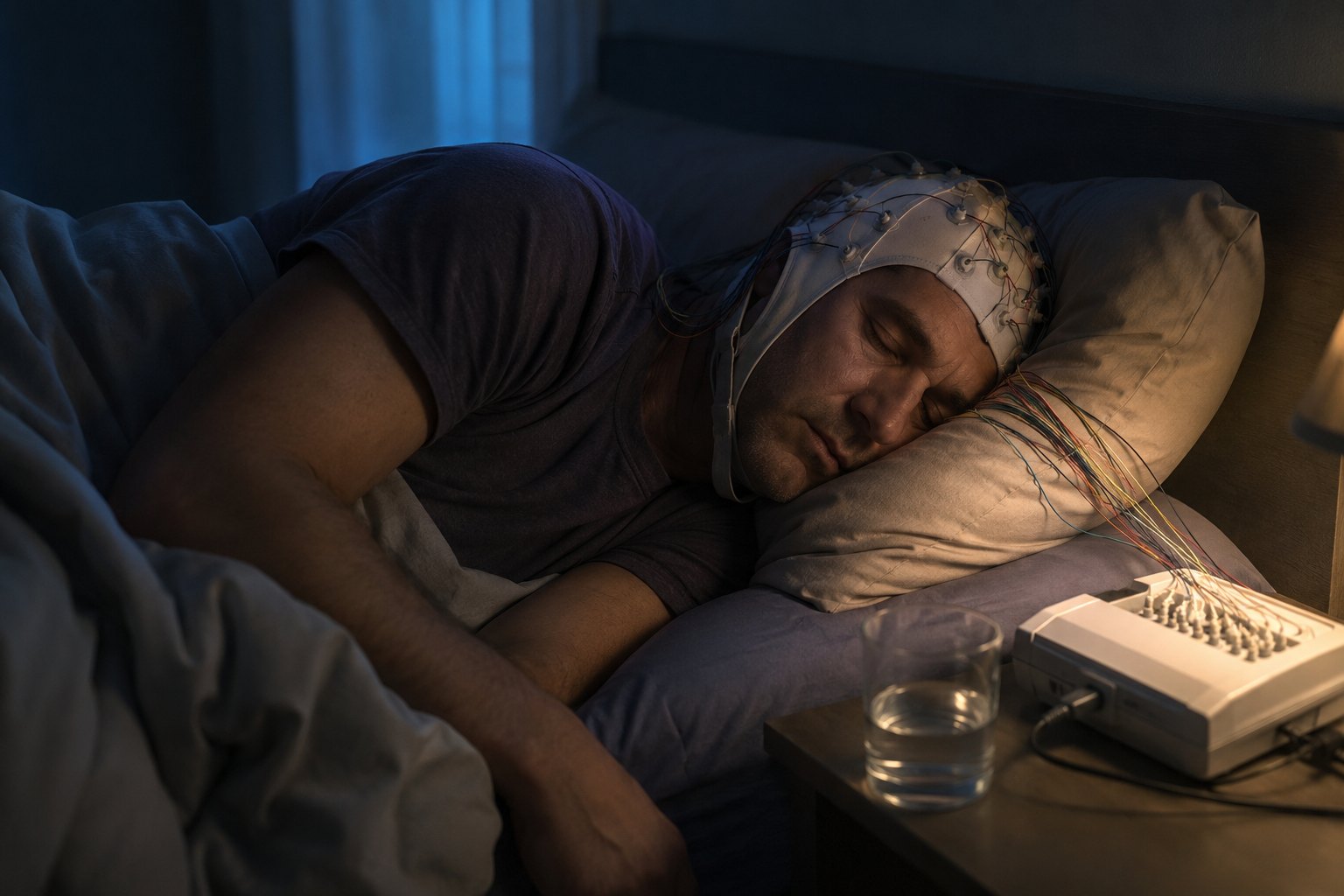 A man asleep in a dark bedroom wearing an EEG electrode cap wired to a bedside sleep-monitoring unit, the setup used to record slow-wave sleep in a sleep lab
