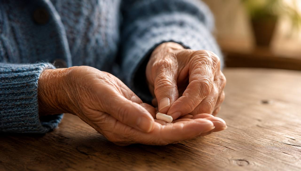 Elderly hand holding L-arginine supplement capsule — Alzheimer's amyloid-beta plaque research
