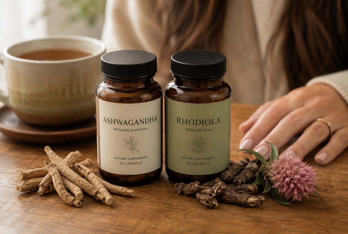 Two labeled amber supplement bottles side by side — one marked ASHWAGANDHA beside dried Withania somnifera root, the other marked RHODIOLA beside pink-tinged Rhodiola rosea root — the two adaptogens compared head-to-head for stress