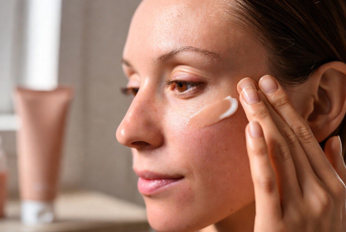 A woman with visibly flushed, rosacea-prone cheeks smoothing a pea-sized amount of white azelaic acid gel onto her cheekbone with a fingertip, the product catching the light against her bare skin