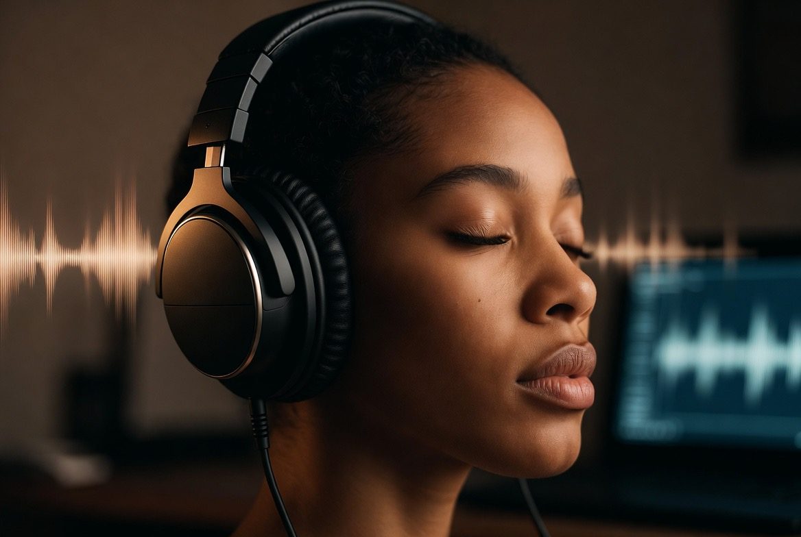 A person wearing large over-ear headphones with eyes closed in calm concentration, glowing sound-wave graphics around the headphones and a blurred audio-waveform display behind in a moody focused study setting
