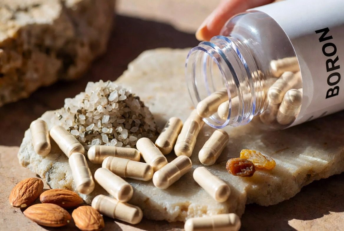 White boron supplement capsules spilling from a bottle labelled BORON, with borax mineral crystals, almonds and raisins as dietary sources and a hand near the bottle on a warm stone surface