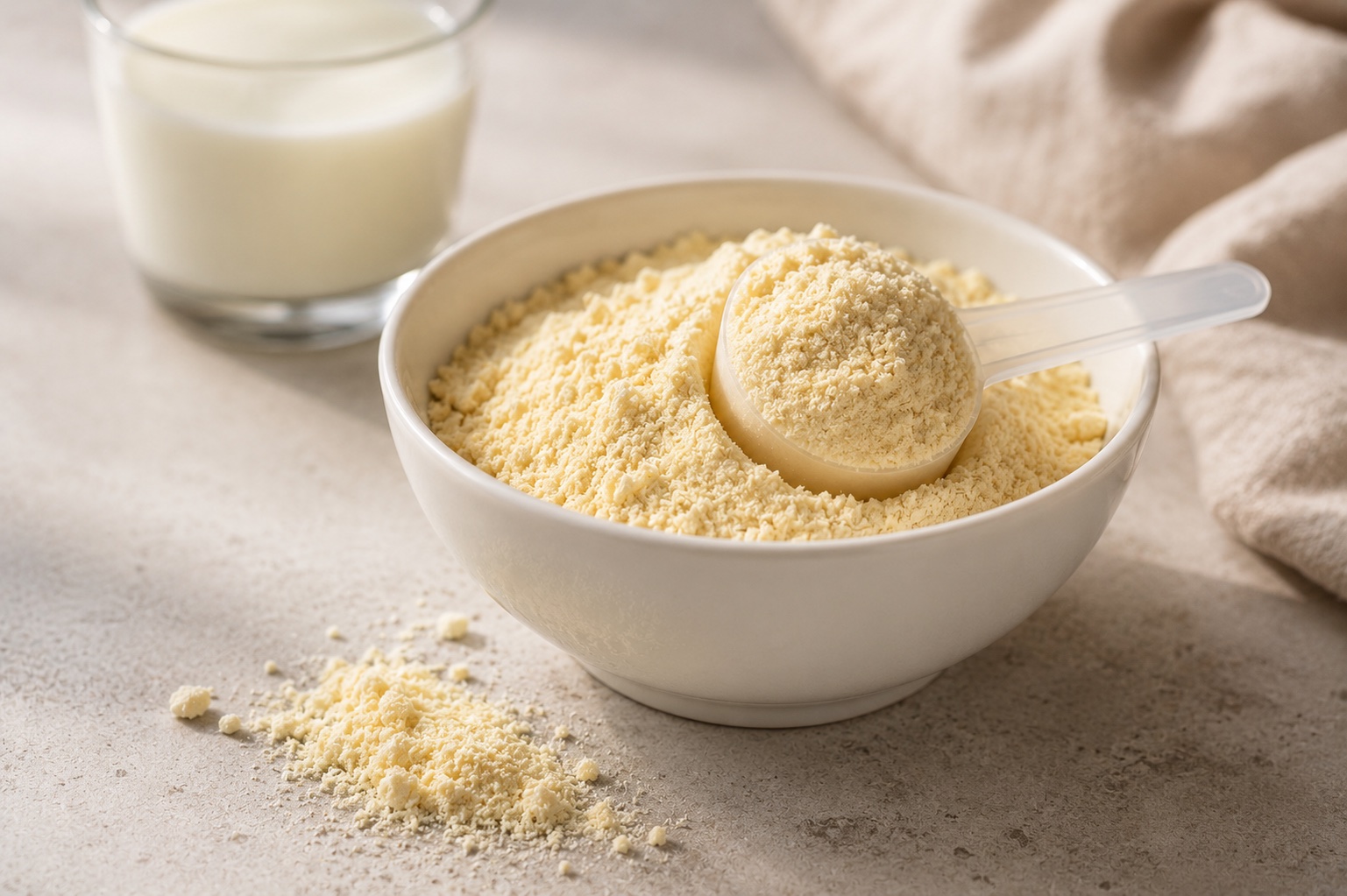 A white bowl of pale-gold bovine colostrum supplement powder with a scoop, a glass of milk softly blurred behind it on a neutral surface