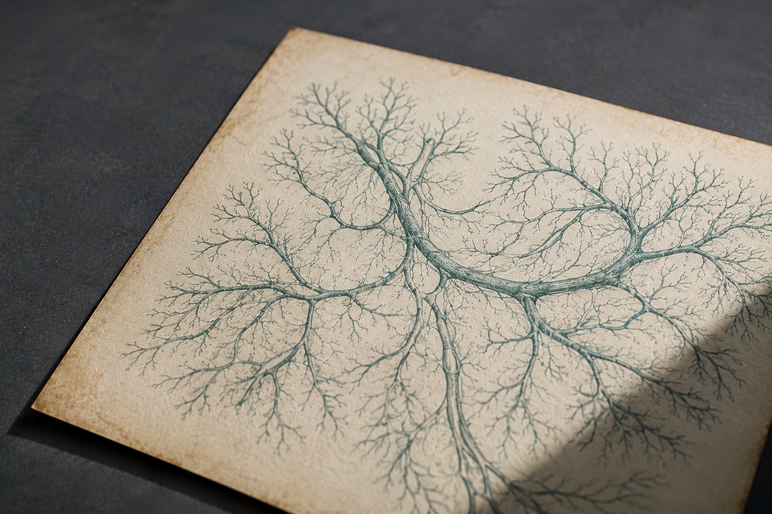 An anatomical illustration of branching blood vessels rendered in muted teal on a parchment-textured background &mdash; angiogenesis, the mechanism at the center of the BPC-157 cancer conversation