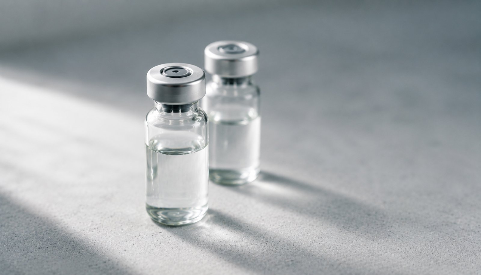 A row of sealed clear-glass peptide vials on a laboratory workbench — illustrating the BPC-157 + TB-500 recovery stack conversation