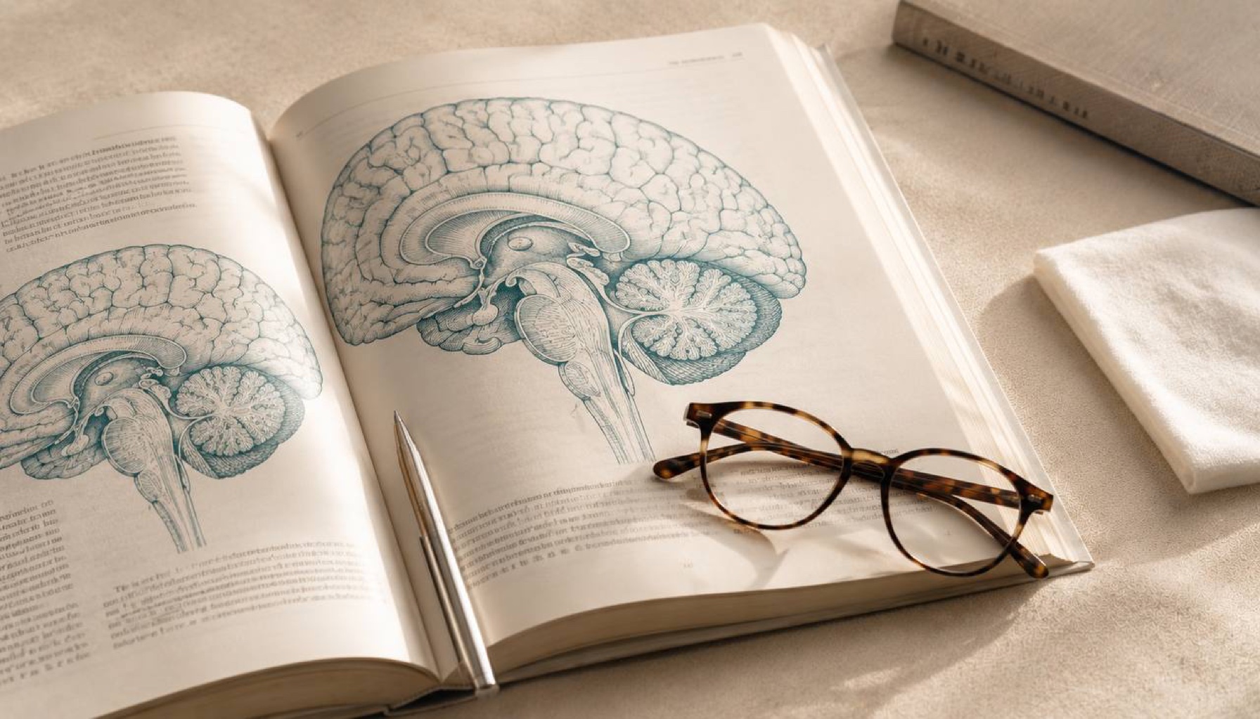 Open neuroscience textbook with brain anatomy diagram and reading glasses on cream linen — nootropics, cognitive enhancement, neuroprotection research