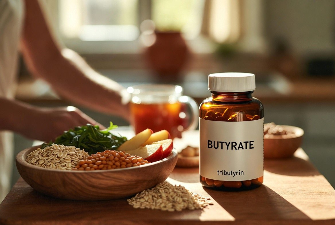 A labeled amber bottle of sodium butyrate capsules on a wooden kitchen counter beside high-fiber whole foods that feed gut bacteria &mdash; oats, cooked and cooled potatoes, green bananas, and legumes &mdash; illustrating the difference between supplemental butyrate and the fiber that lets the body make its own