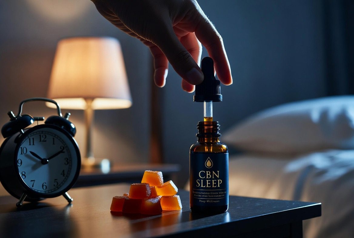 A hand reaching for a dark dropper tincture bottle labelled CBN SLEEP beside amber bedtime gummies, an alarm clock at a late hour, and a glowing lamp on a dark nightstand with a bed blurred behind