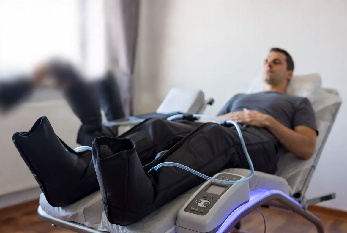 Pneumatic compression recovery boots fitted over a person's legs as they rest