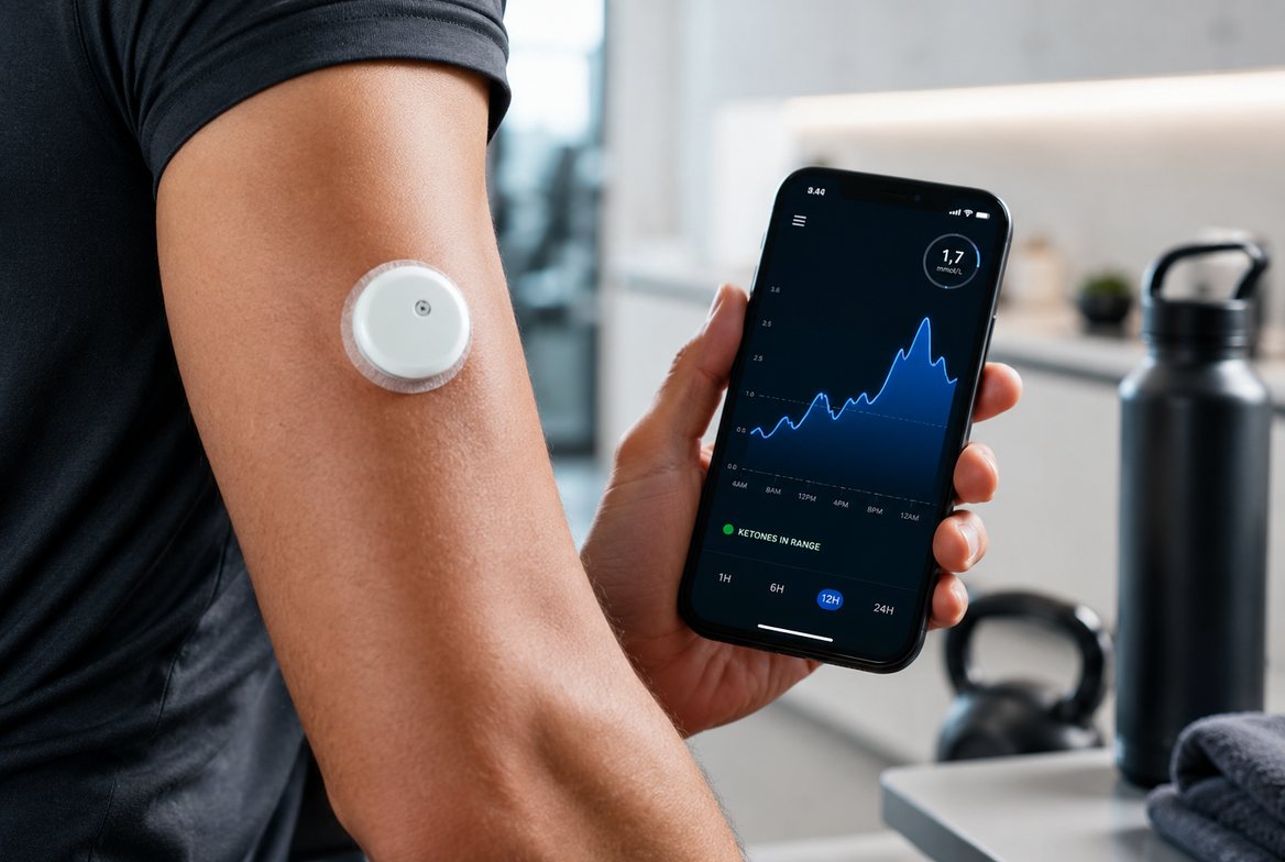 A round white continuous ketone sensor worn on the back of a person's upper arm, with a smartphone held beside it showing a live beta-hydroxybutyrate ketone graph in the companion app