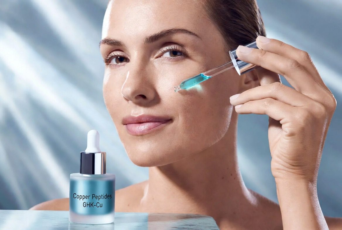 A woman applying blue-tinted copper-peptide GHK-Cu serum to her cheek with a glass pipette, a labeled Copper Peptides GHK-Cu dropper bottle on the vanity in the foreground