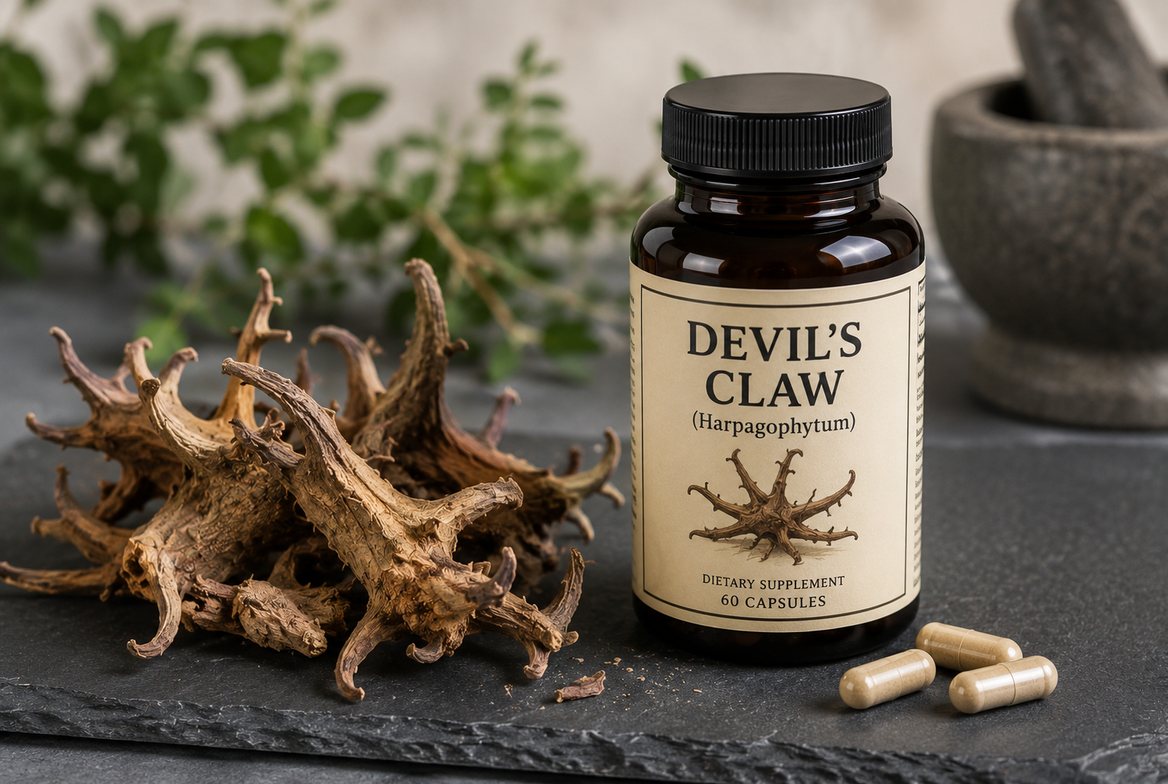 A labeled amber supplement bottle of devil's claw (Harpagophytum procumbens) capsules beside dried devil's claw root pieces, loose capsules, and a mortar and pestle on a dark slate surface &mdash; the Southern African root standardized to harpagoside for joint and back pain