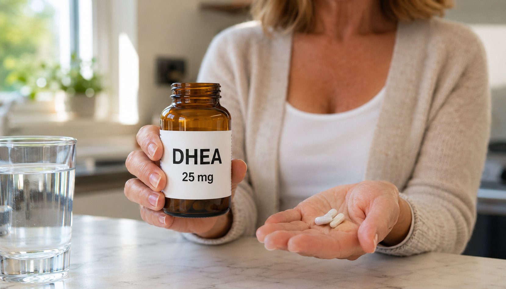 A woman in a home kitchen holding an amber supplement bottle labelled DHEA 25 mg, with several white capsules resting in her open palm