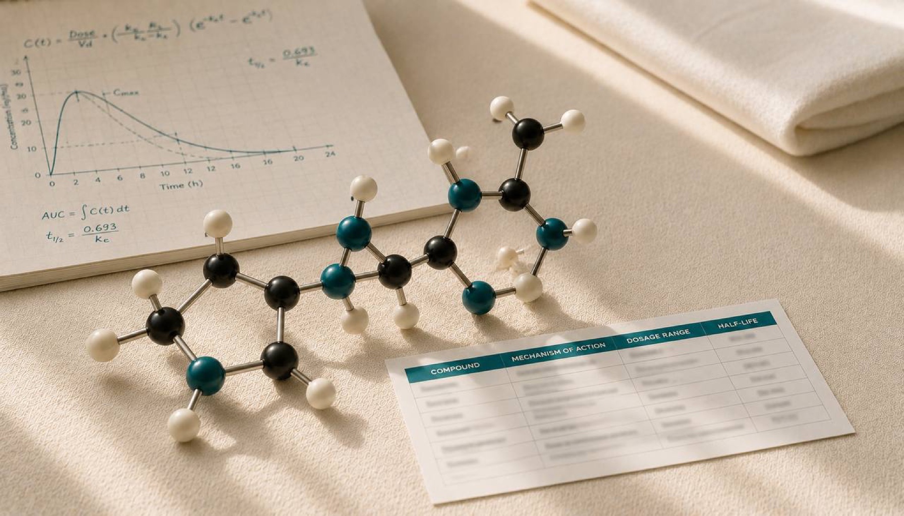 Ball-and-stick molecular model with drug-data index card on cream linen — semaglutide, tirzepatide, retatrutide pharmacology reference