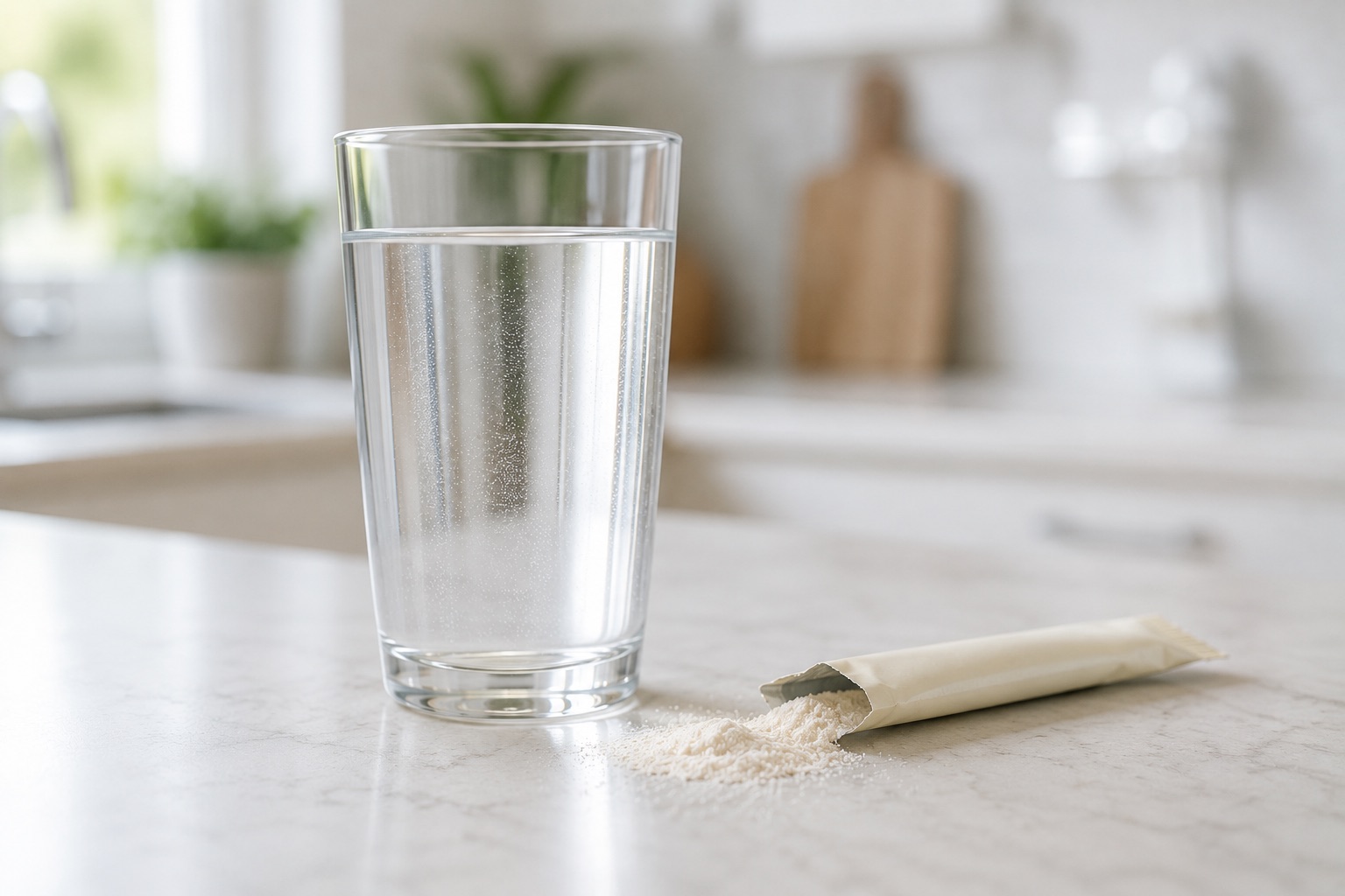 A glass of water with a single-serve electrolyte powder packet being poured in, beside a sports bottle on a kitchen counter — the everyday hydration-powder ritual the article examines