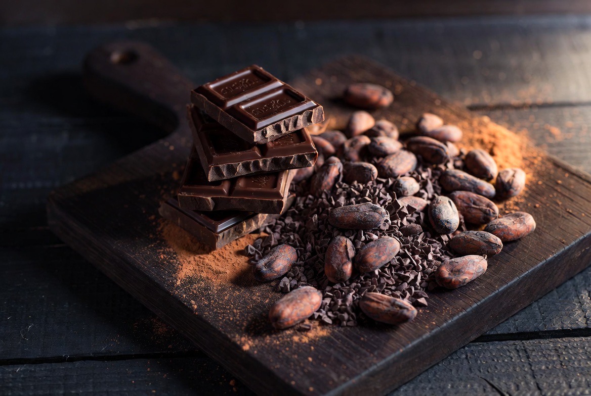 Roughly broken squares of very dark chocolate scattered with whole roasted cocoa beans and crushed cacao nibs on a dark slate surface, shot from a low raking angle so the cocoa source is the unmistakable subject