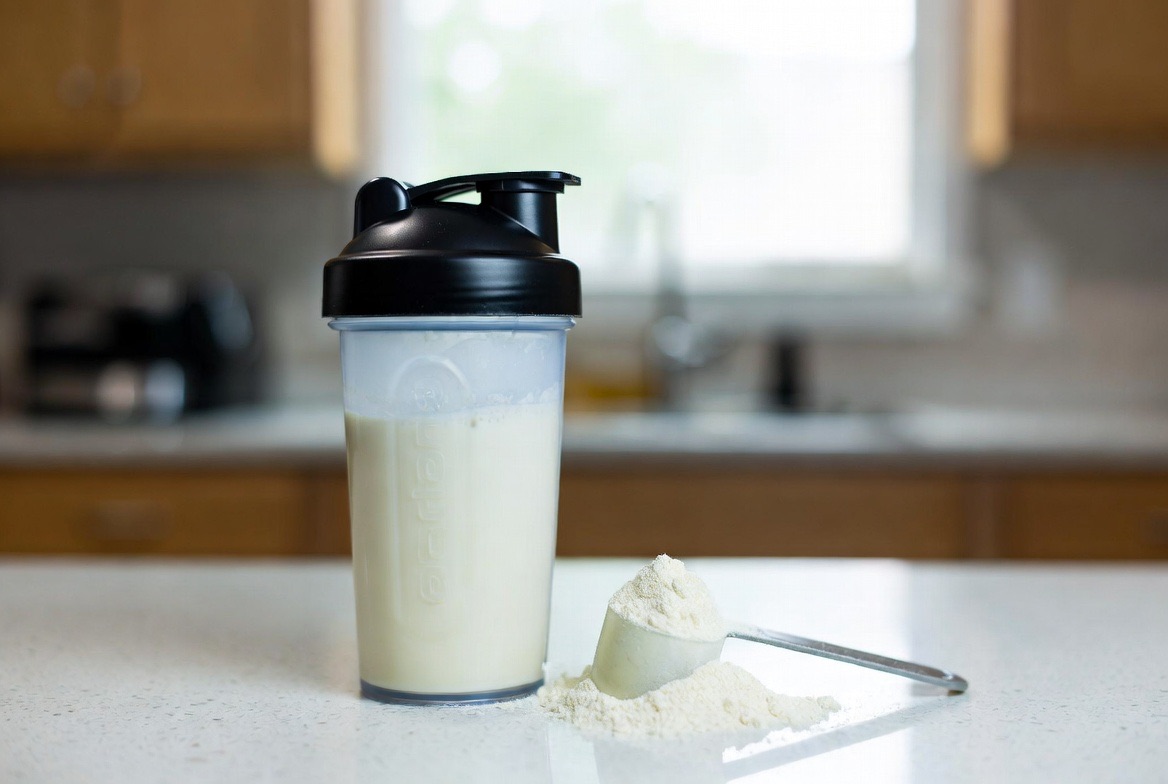 A scoop of BHB ketone powder beside a glass of mixed exogenous ketone drink on a bright kitchen counter