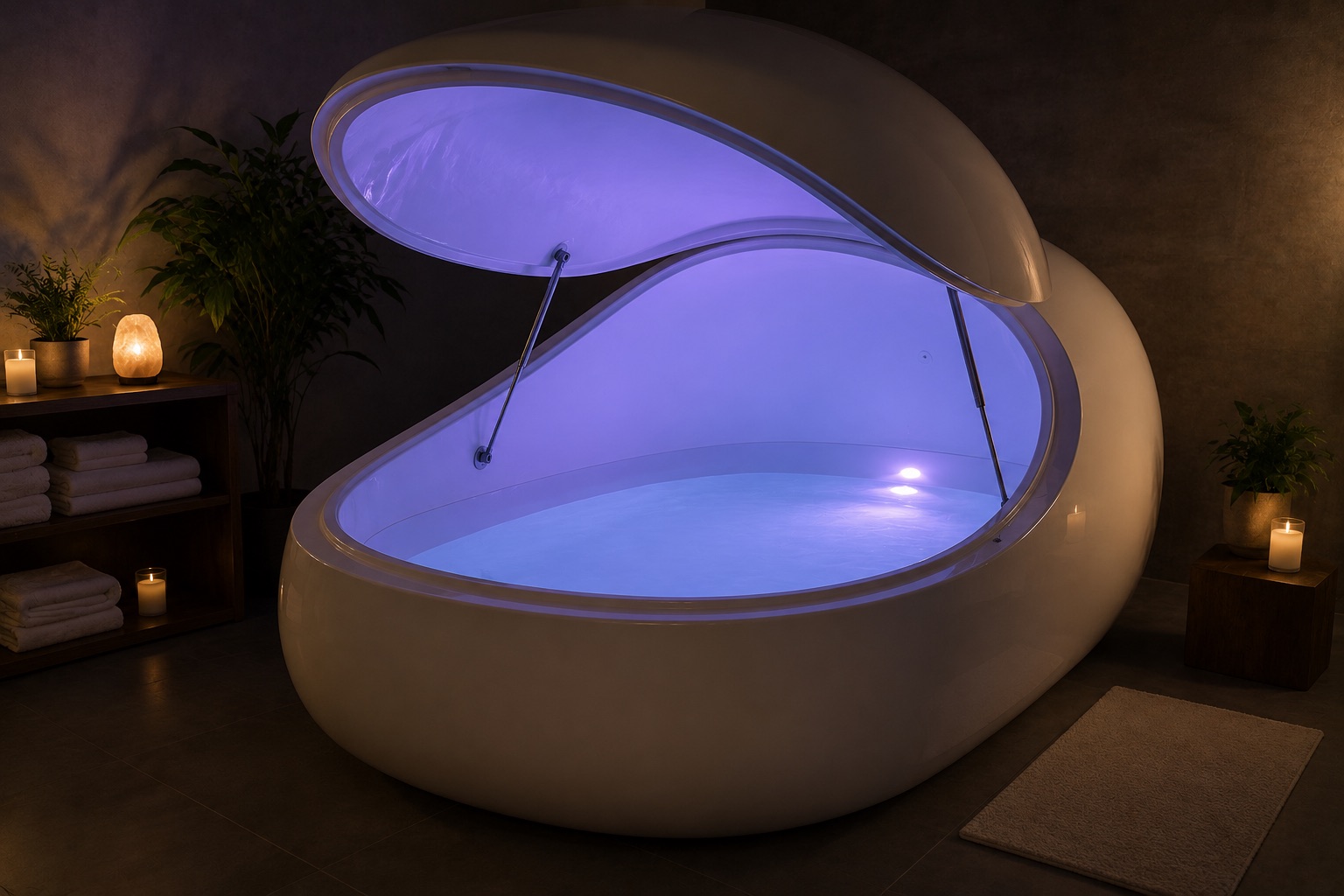A person floating supine in the calm, shallow water of an open sensory-deprivation float tank, the cabin dimly lit and quiet