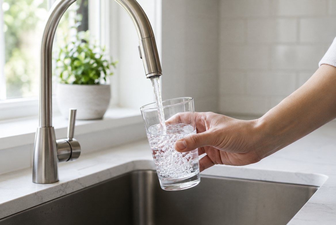 A clear glass of tap water being filled at a kitchen sink, illustrating the community water fluoridation debate over fluoride in drinking water