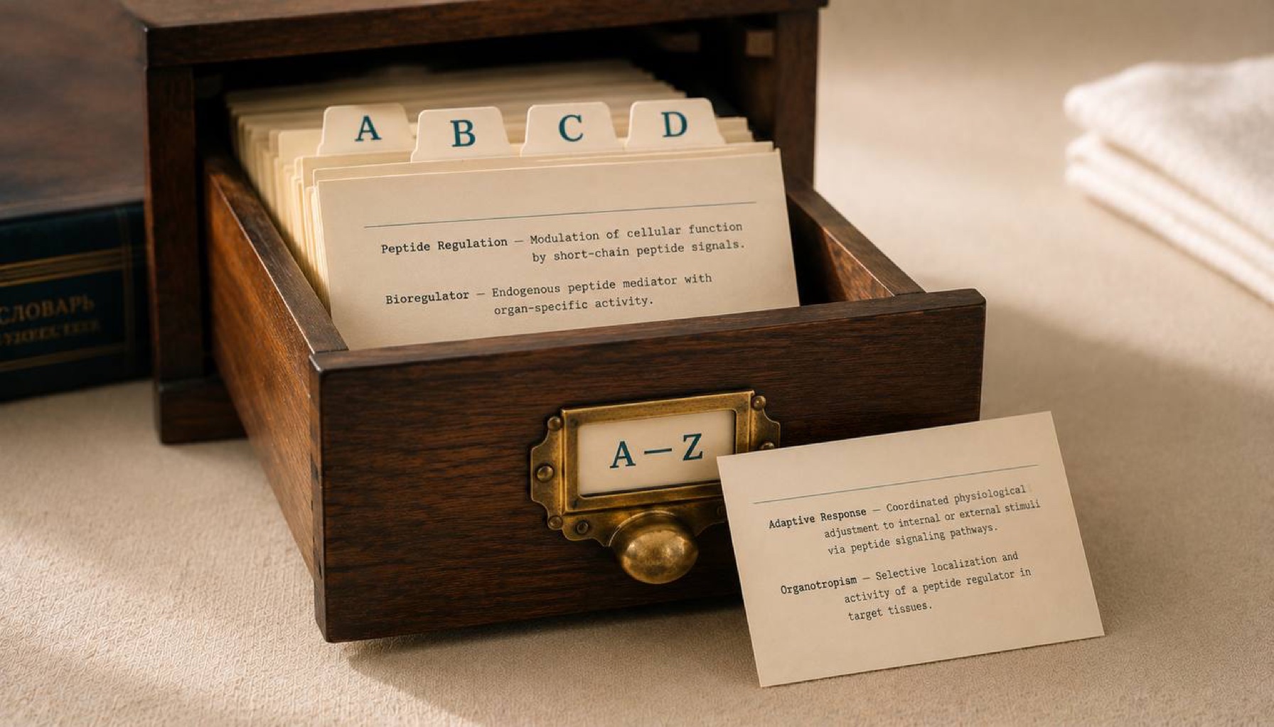 Vintage card-catalog index drawer with alphabet-tabbed glossary cards on cream linen — medical and biohacking acronyms and terms reference