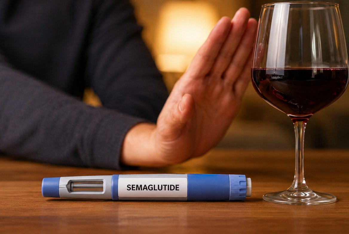 A GLP-1 injection pen resting on a wooden table beside a full, untouched glass of red wine, with a hand gently pushing the wine glass away — illustrating reports of reduced alcohol craving on semaglutide