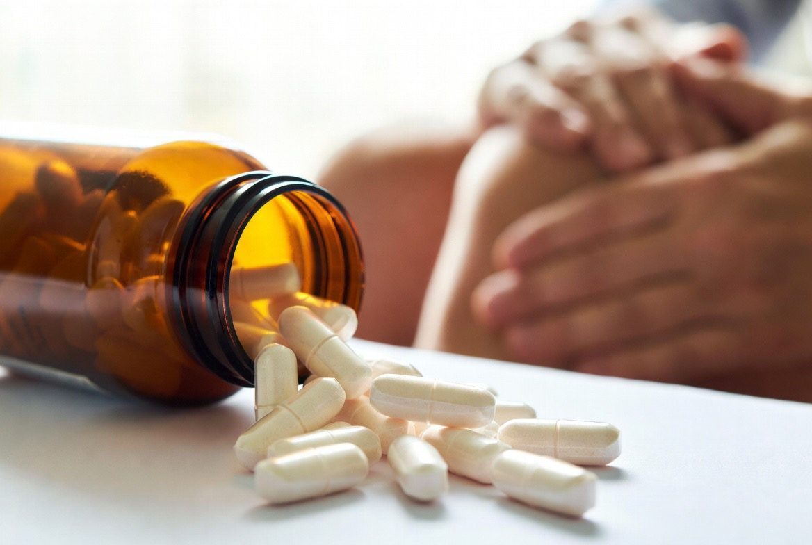 White glucosamine and chondroitin supplement capsules spilling from a bottle beside a person holding a painful knee joint, illustrating osteoarthritis joint support