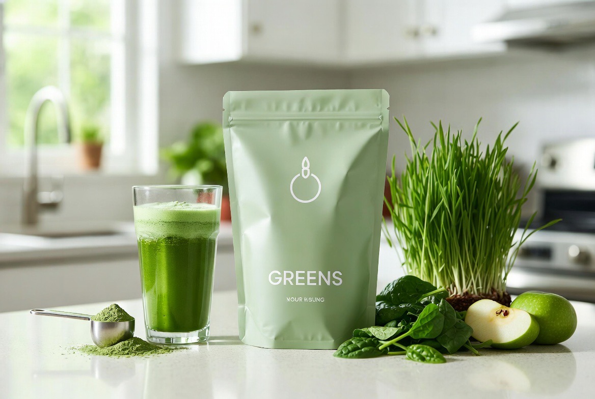 A tall glass of bright green powdered drink beside a heaped scoop of green superfood powder and a few real whole vegetables on a neutral editorial surface