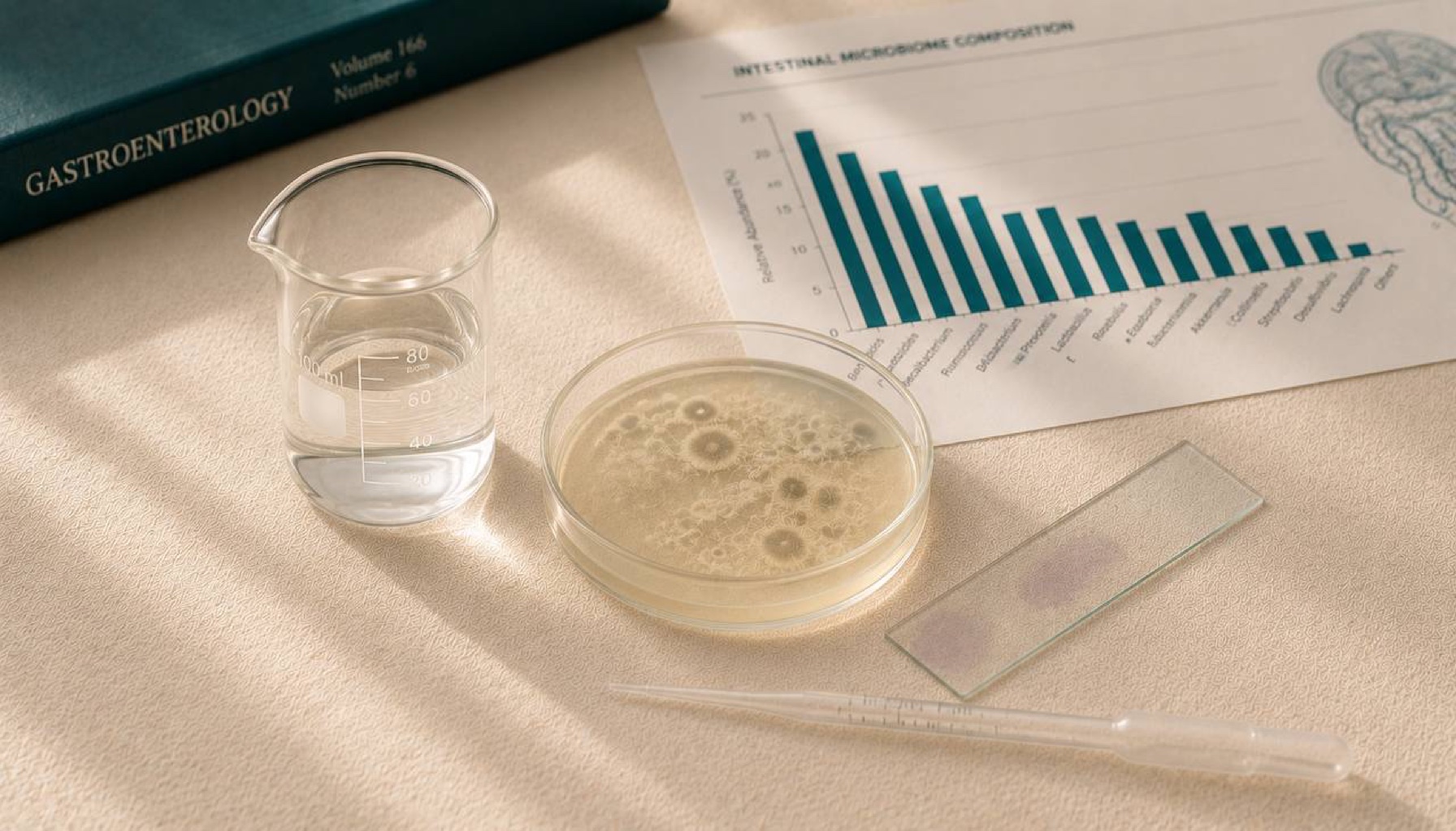 Lab beaker, petri dish with microbial culture, microscope slide and pipette on cream linen — gut microbiome, IBS, BPC-157, gastric peptides research