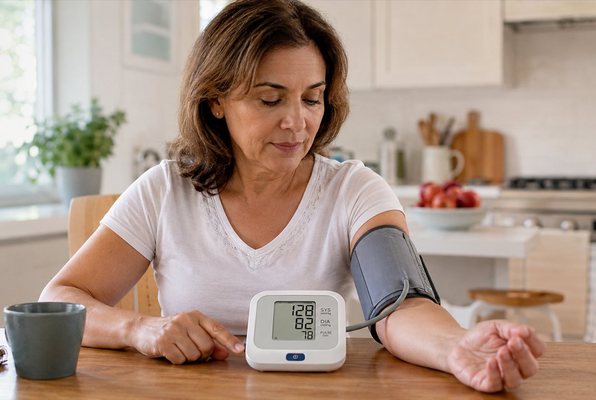 A seated person at a kitchen table taking their own blood pressure with a validated upper-arm cuff wrapped around the bare left arm, the digital monitor on the table showing a systolic and diastolic reading &mdash; the correct rested, seated home-monitoring position