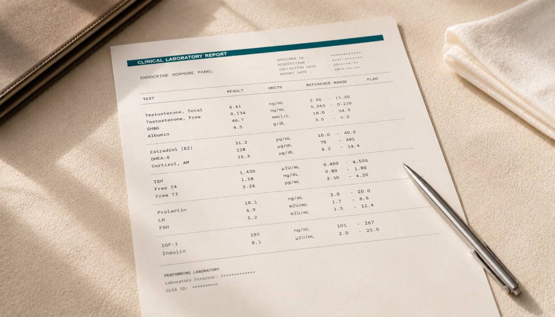 Printed clinical hormone-panel lab report with reading glasses and pen on cream linen — TRT, thyroid, estradiol, endocrine reference