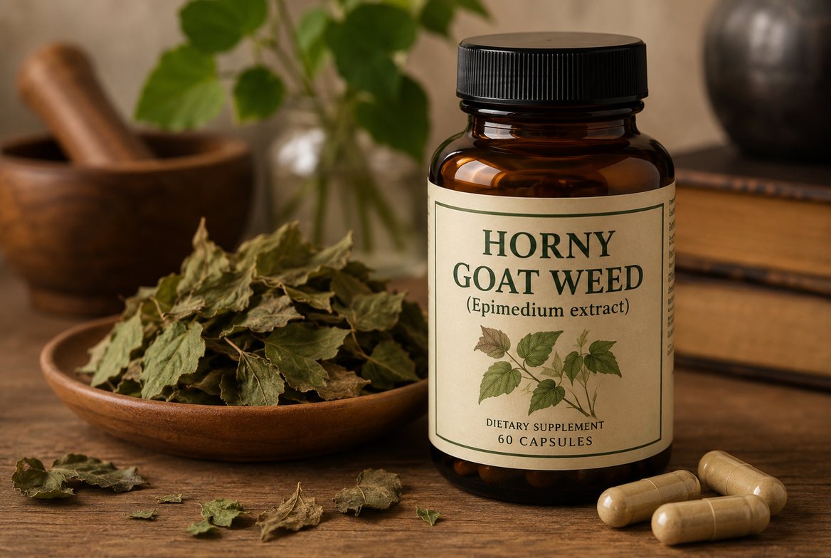 A labeled amber supplement bottle of horny goat weed (Epimedium extract) capsules beside a wooden dish of dried Epimedium leaves, with loose capsules and a mortar and pestle on a warm wooden surface &mdash; the traditional Chinese medicine herb whose active compound icariin is a mild PDE5 inhibitor