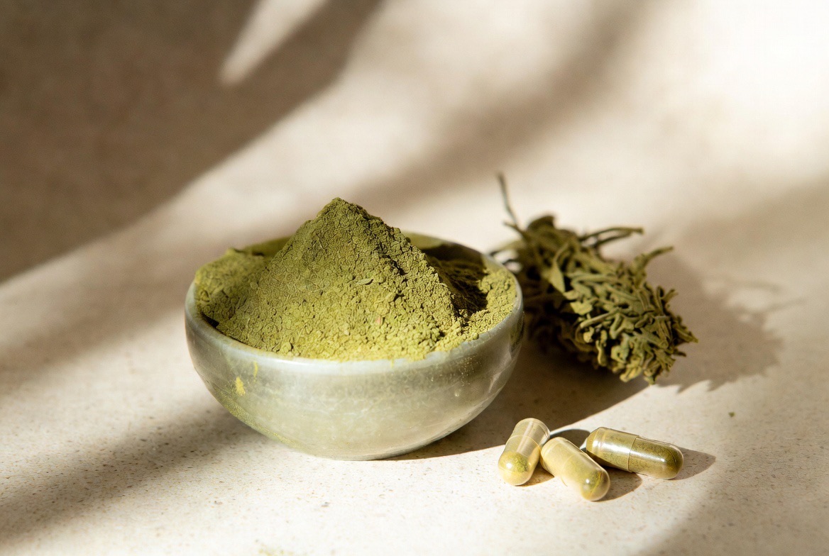Dried kanna (Sceletium tortuosum) plant material and pale powder beside capsules on a neutral surface in natural light — the South African succulent studied for mood and anxiety