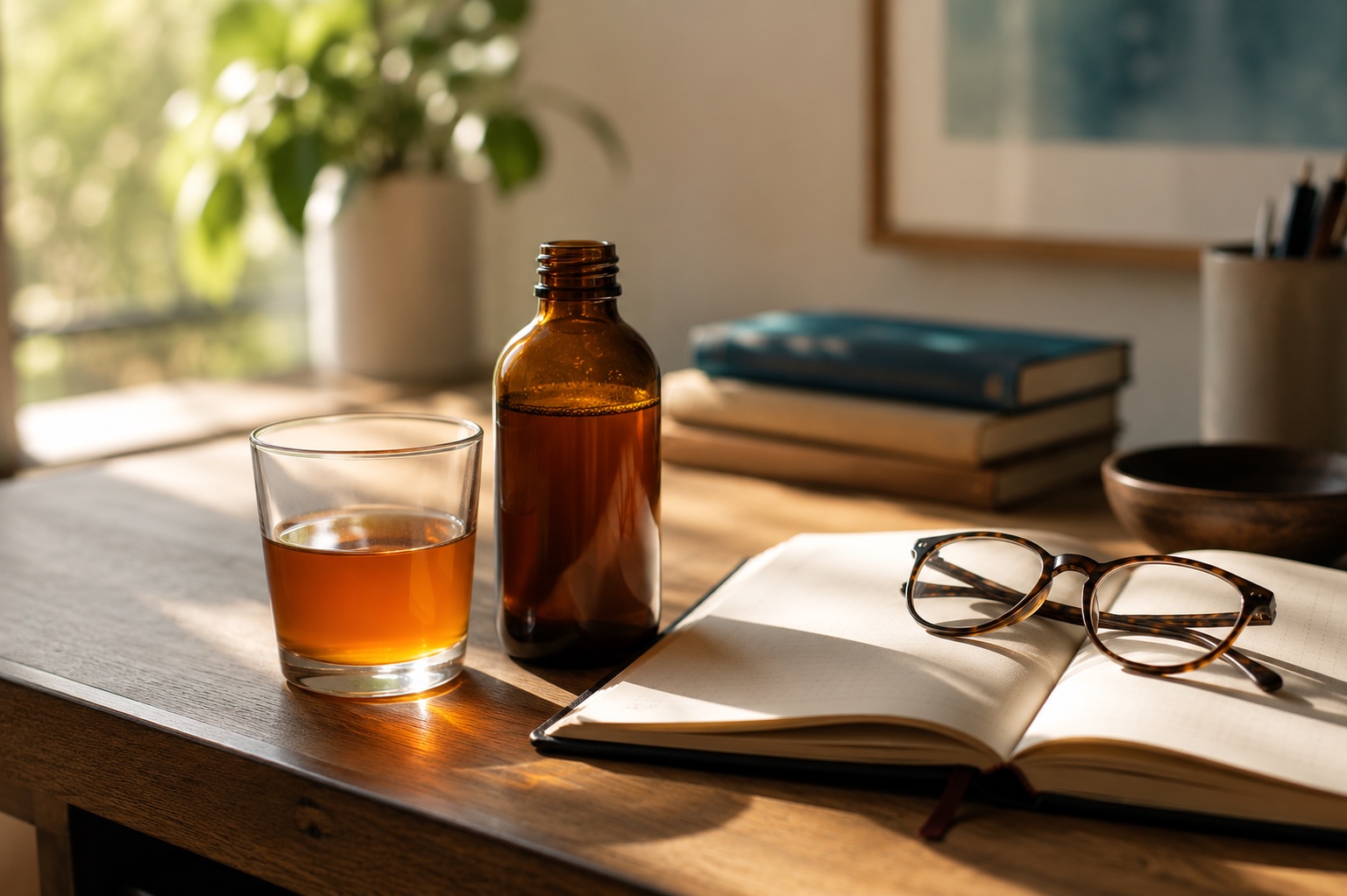 An exogenous ketone drink bottle and glass on a sunlit desk with an open notebook — exogenous ketone ester beta-hydroxybutyrate brain fuel and cognition