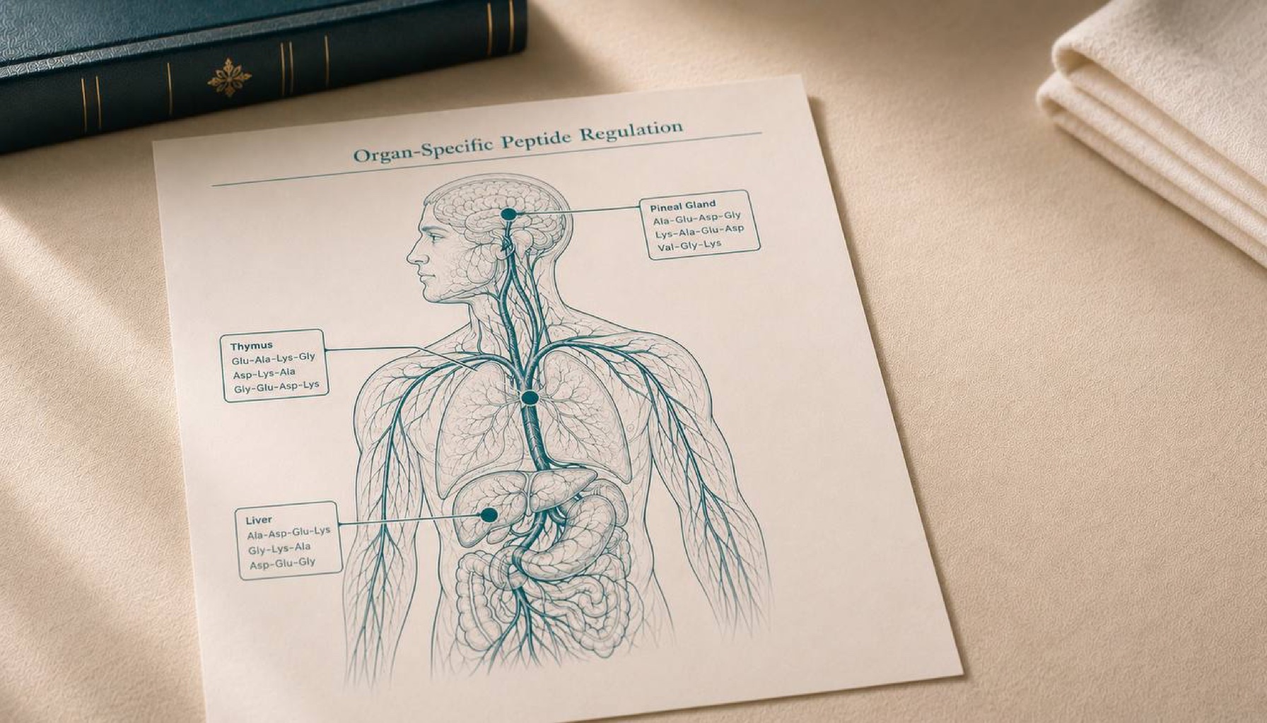 Anatomical chart with thymus, pineal, liver, and vascular glands highlighted in teal — Khavinson bioregulators, Epitalon, Vesugen, Vilon, organ-specific peptide regulation