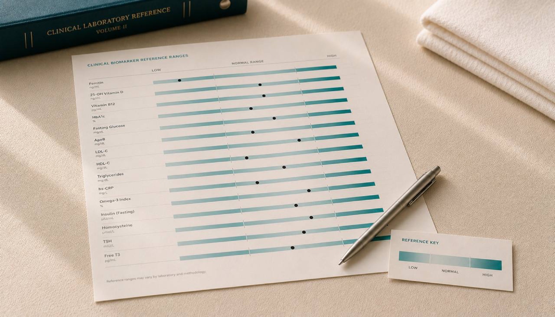 Reference-range visualization chart with teal biomarker gauges on cream linen — lab panel interpretation, hormone, metabolic markers reference
