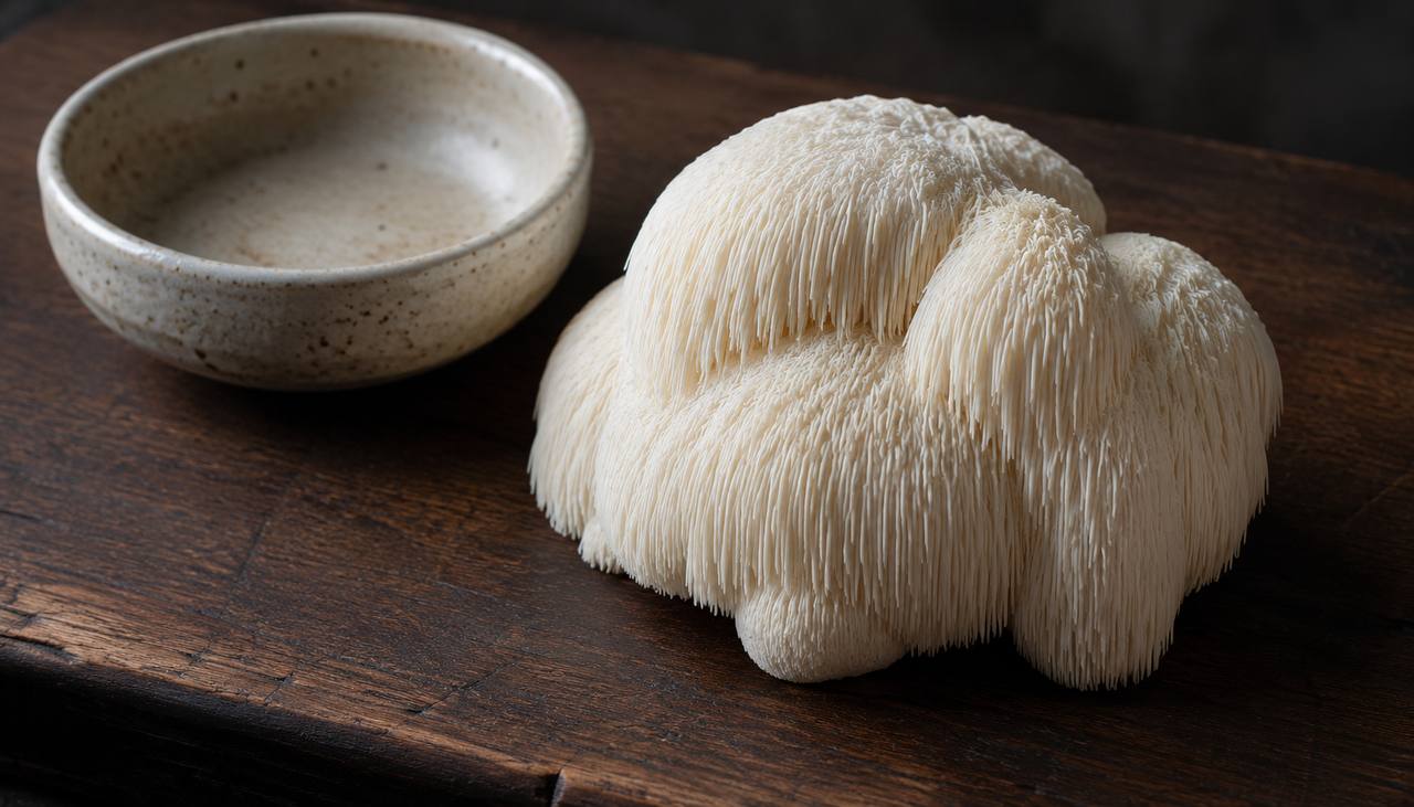 Lion's Mane mushroom growing in forest — Hericium erinaceus cognitive research