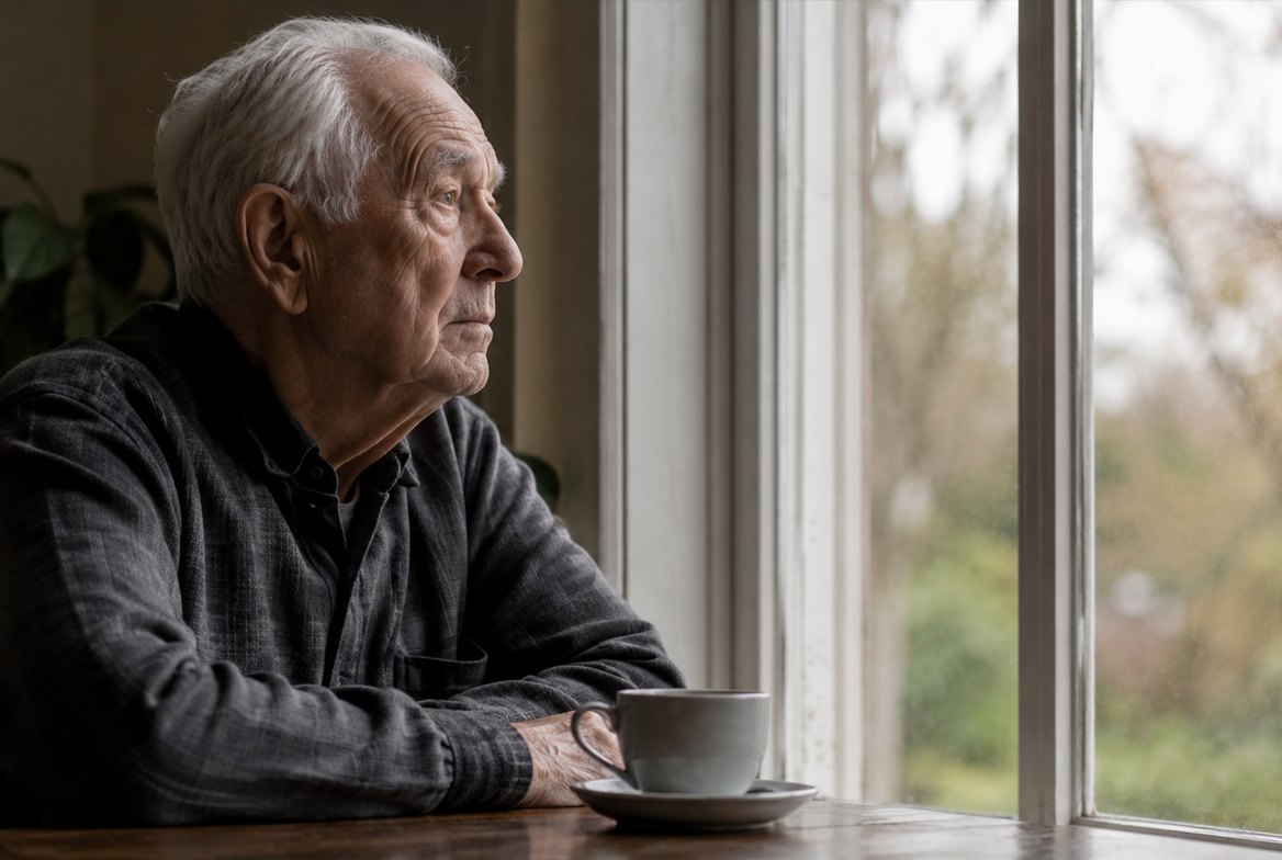An older adult sitting alone by a large window in soft, low afternoon light, gazing outside with an untouched cup of tea nearby &mdash; a quiet portrait of social isolation and the everyday reality behind the loneliness-and-health statistics