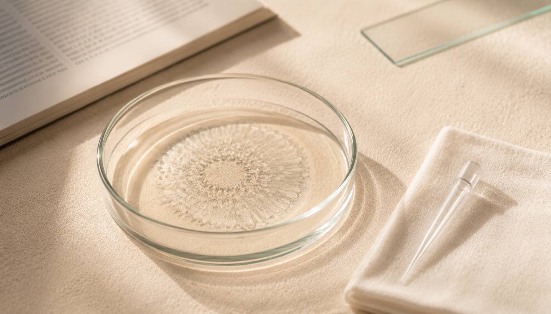 Laboratory vial and precision pipette on cream linen — longevity research, senolytics, rapamycin, NAD+ healthspan study