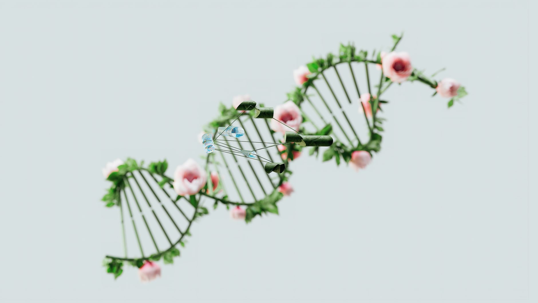 Abstract DNA double-helix entwined with flowering vines — heritability, genetics, and lifestyle in lifespan variation