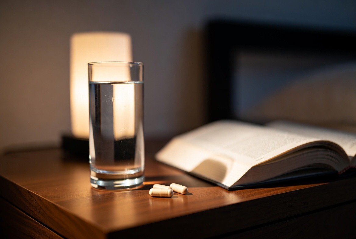 Two magnesium L-threonate supplement capsules on a wooden bedside table beside a glass of water, a warm lamp and an open book at night