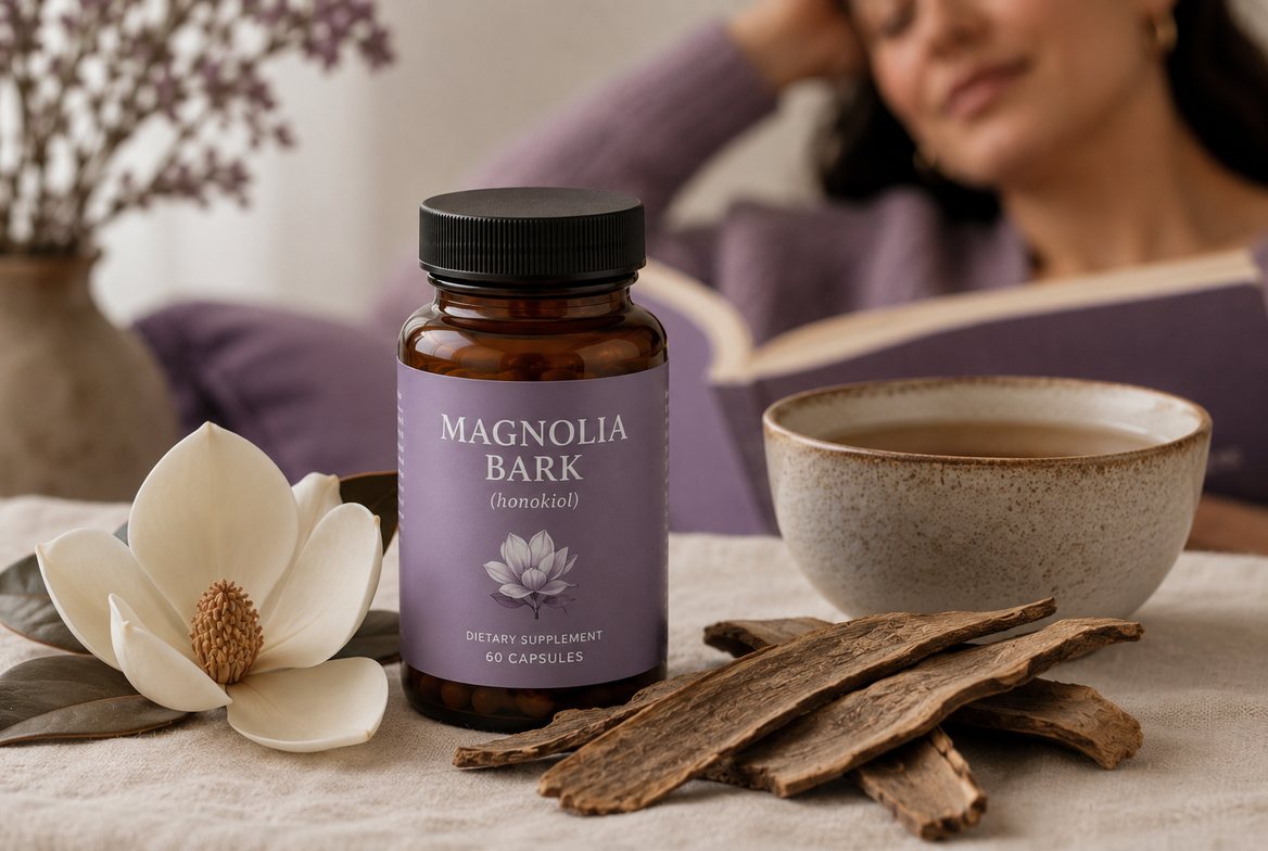 A labeled amber bottle of magnolia bark (Magnolia officinalis) honokiol capsules on a wooden surface beside strips of dried magnolia bark and a pale magnolia bloom, illustrating the traditional Chinese medicine source behind the modern stress and sleep supplement