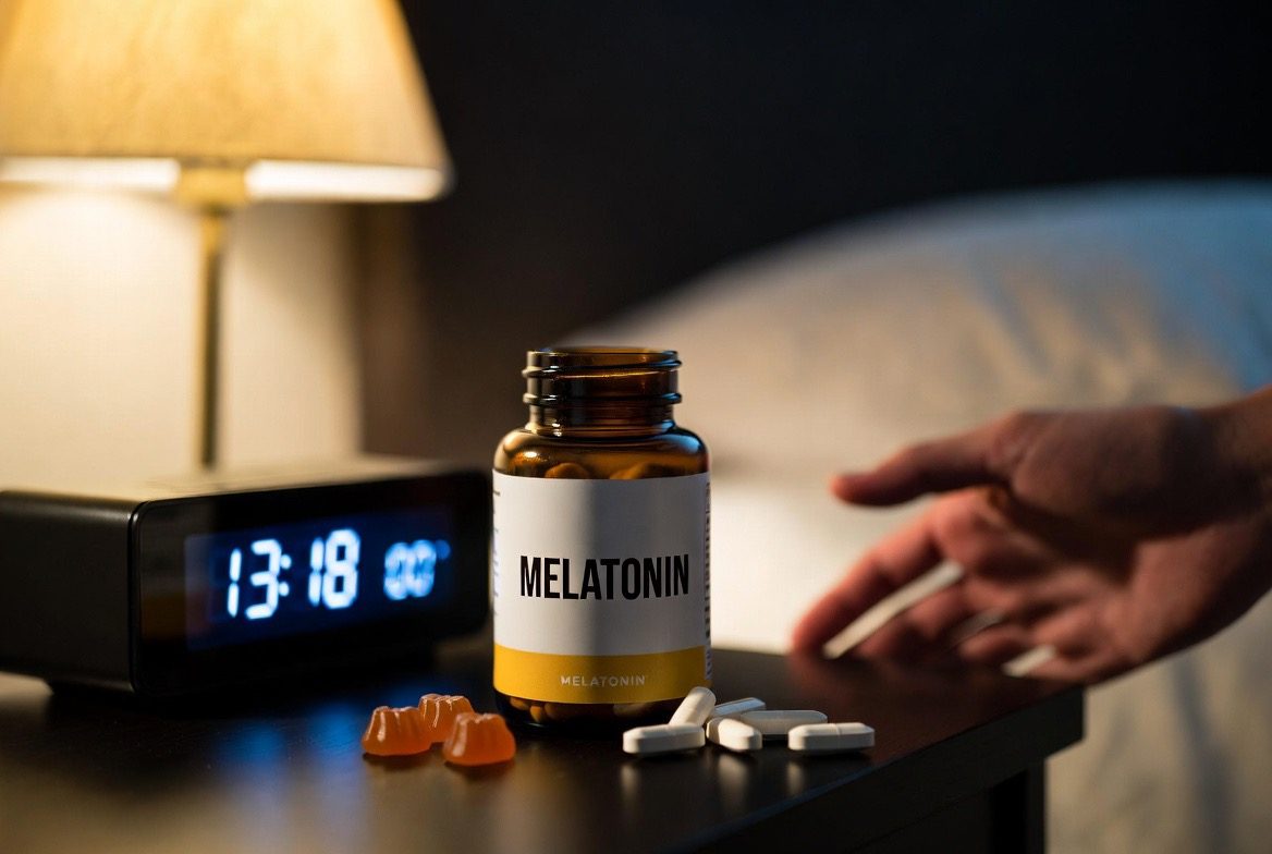 A hand reaching for an amber supplement bottle labelled MELATONIN, with white tablets and amber sleep gummies spilling onto a dark nightstand beside a glowing digital alarm clock at night