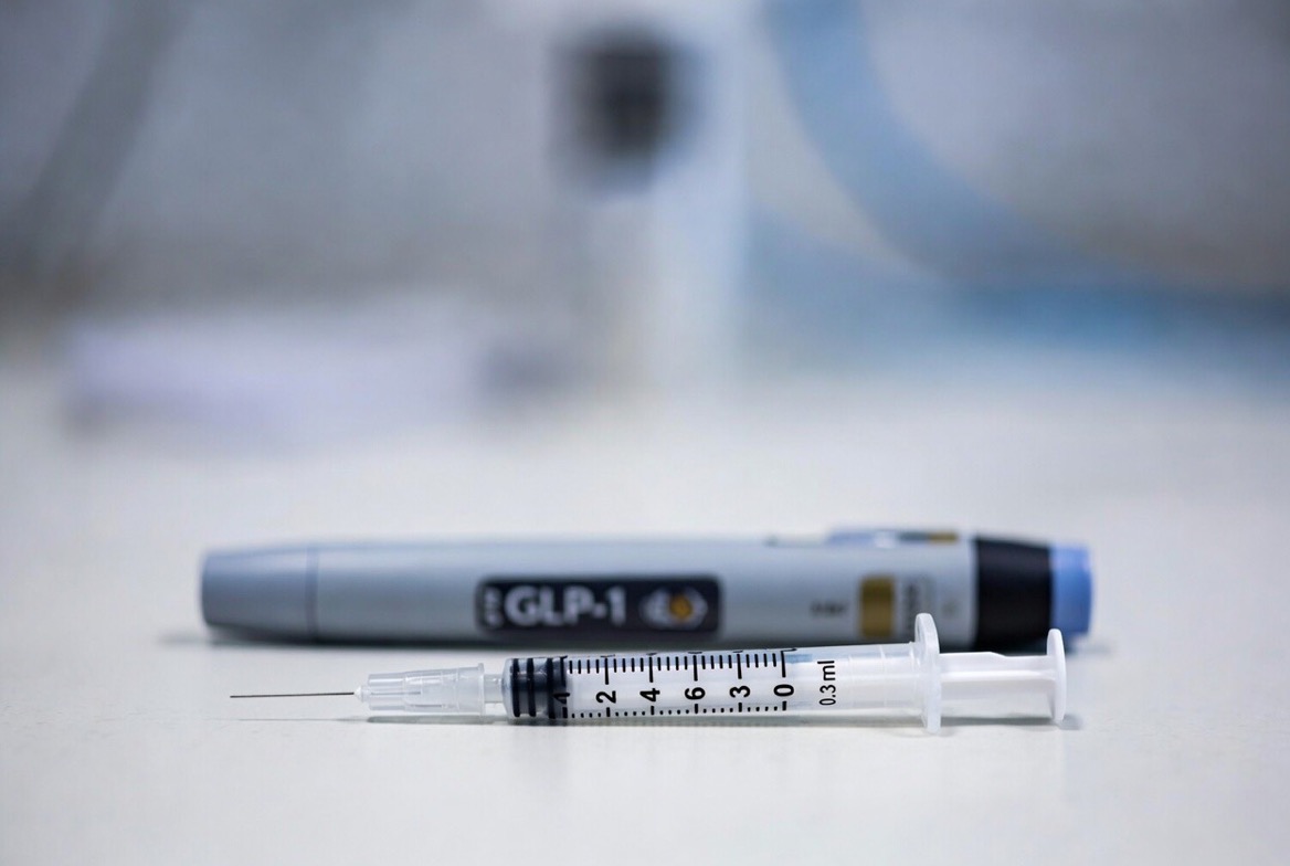 A GLP-1 injection pen beside a small low-dose vial and a fine insulin syringe on a clean clinical surface