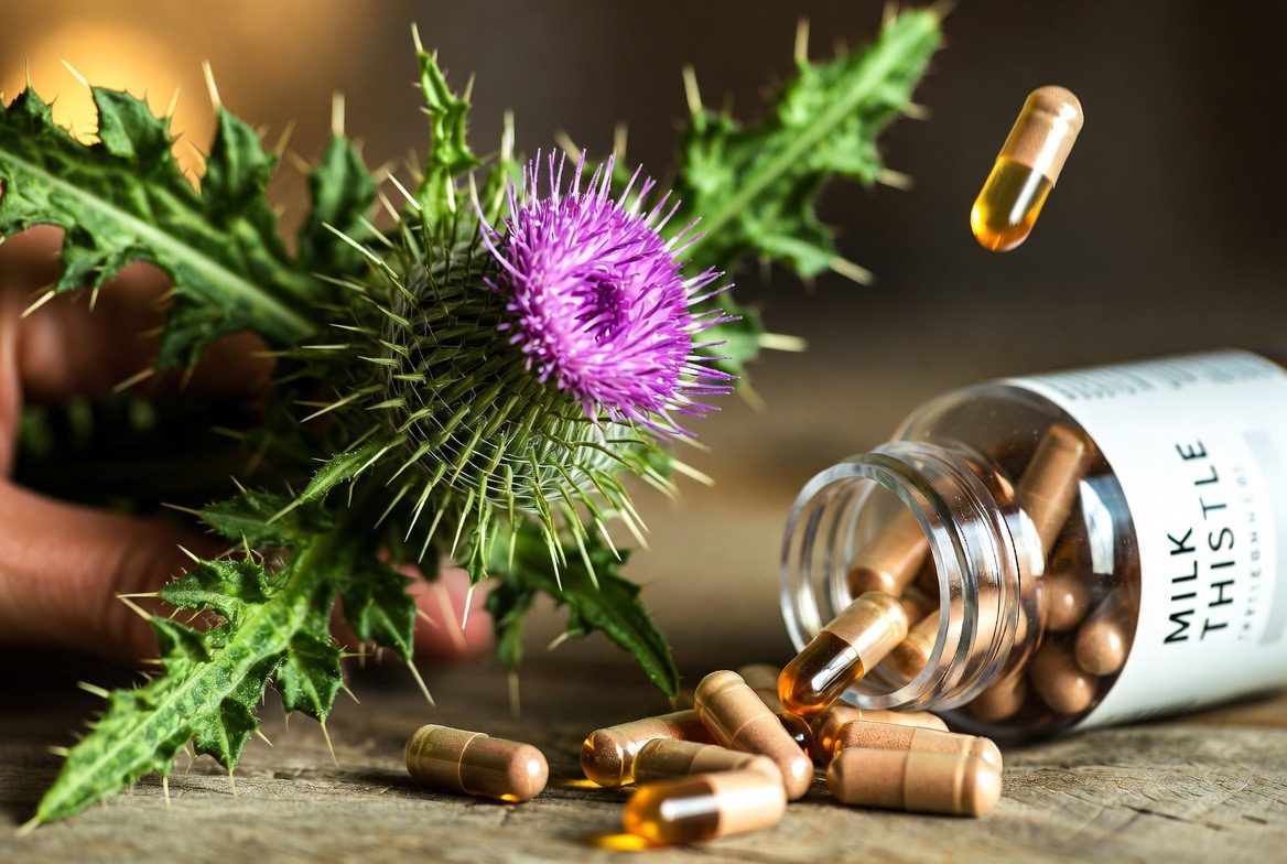 A hand holding a spiny milk thistle plant with its purple flower head beside amber silymarin capsules spilling from a bottle labelled MILK THISTLE on a warm wooden surface