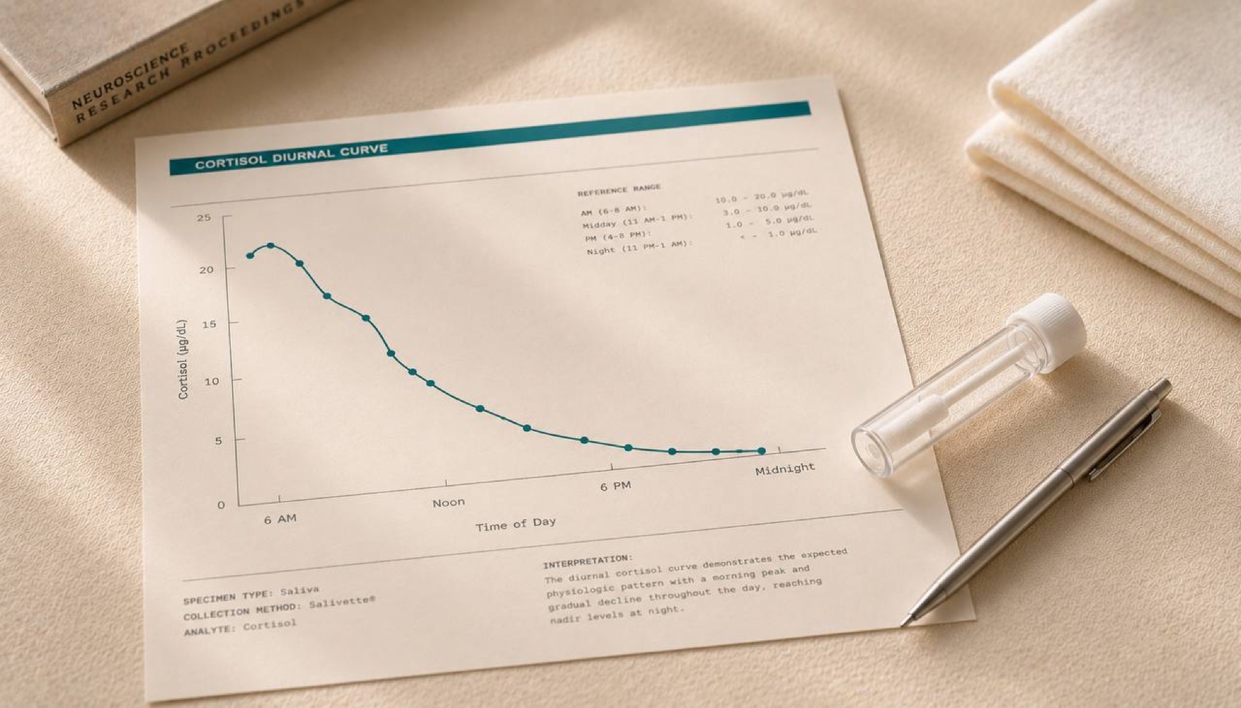 Cortisol diurnal curve chart and saliva sample tube on cream linen — HPA axis, anxiety and mood regulation research