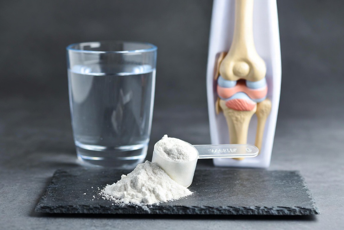 White crystalline MSM (methylsulfonylmethane) powder in a measuring scoop beside a glass of water and an anatomical knee-joint model on slate