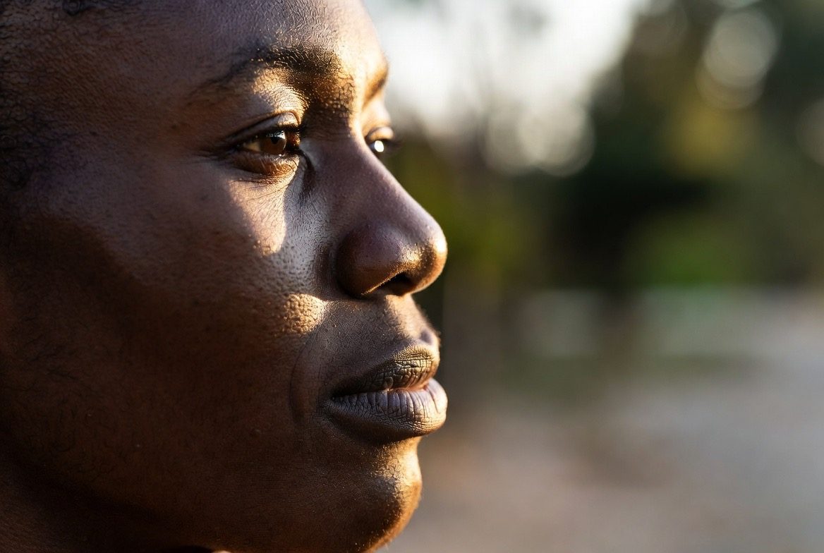 Close-up profile of a fit athletic person breathing deliberately through the nose with mouth closed, calm focused expression in golden morning light on a blurred outdoor park trail